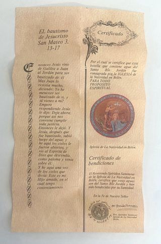 Agua Bendita del Río Jordán - Certificado Original