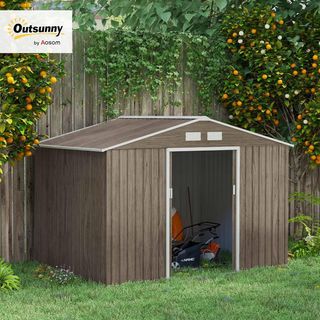 Caseta De Jardín 4.9 M² Con Fundación, 4 Salidas De Aire Y 2 Puertas Correderas, Cobertizo Para Herramientas De Chapa De Acero, 277X195X192 Cm, Marrón Claro