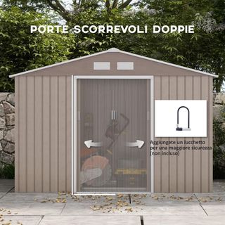 Caseta De Jardín 4.9 M² Con Fundación, 4 Salidas De Aire Y 2 Puertas Correderas, Cobertizo Para Herramientas De Chapa De Acero, 277X195X192 Cm, Marrón Claro