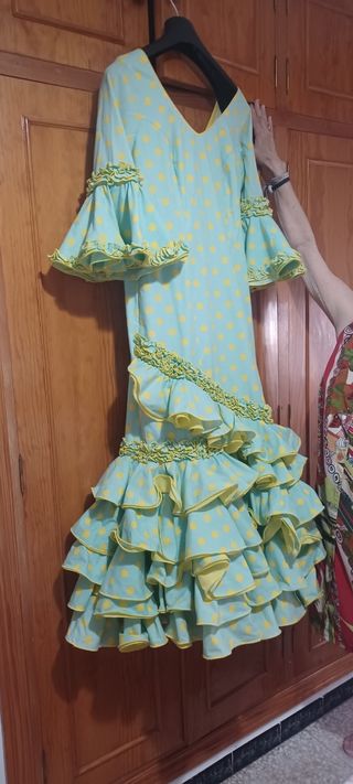 Traje Flamenca Verde Agua Lunares Amarillos