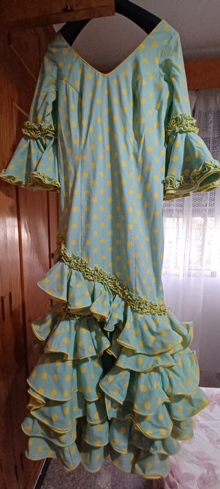 Traje Flamenca Verde Agua Lunares Amarillos
