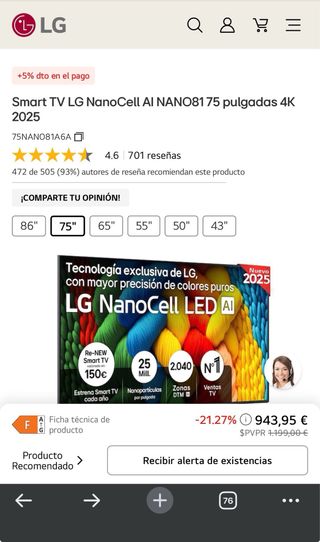 TV LG NanoCell 75” Nueva y Precintada