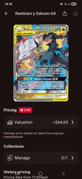 Carta Pokémon Reshiram y Zekrom GX TAG TEAM