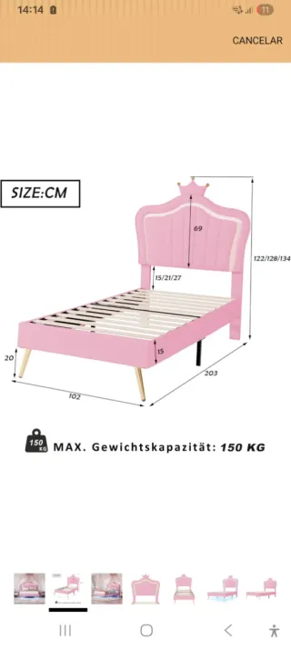 Cama infantil rosa princesa 90x200