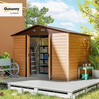 Caseta De Jardín 4.84M² De Acero Galvanizado Con Orificios De Drenaje, Ventilación, Cobertizo Para Herramientas Con Techo Inclinado, Doble Puertas Correderas Bloqueables, Diseño Efecto Madera, Marrón