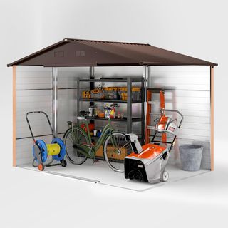 Caseta De Jardín 4.84M² De Acero Galvanizado Con Orificios De Drenaje, Ventilación, Cobertizo Para Herramientas Con Techo Inclinado, Doble Puertas Correderas Bloqueables, Diseño Efecto Madera, Marrón