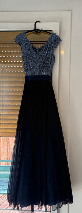 Vestido largo lentejuelas y tul con lazo