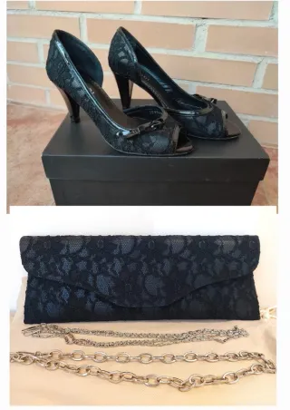 Zapatos tacón y bolso encaje negro