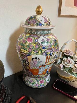 Jarrón Chino Porcelana Dorado Multicolor
