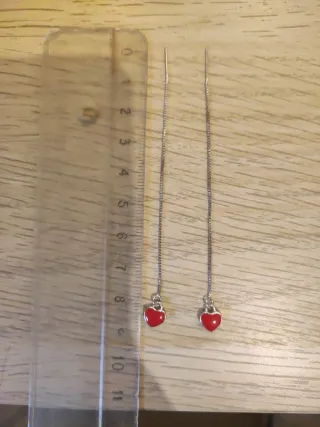 Pendientes cadena corazón rojo y plata