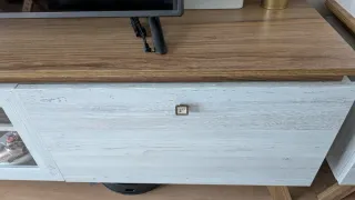 Mueble TV blanco y madera con cristal