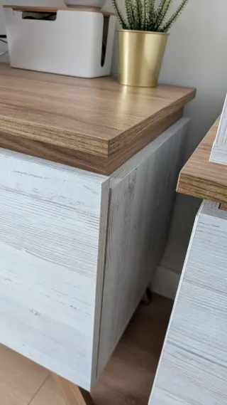 Mueble TV blanco y madera con cristal