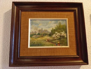 Cuadro paisaje pueblo flores