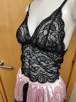 Conjunto lencería pijama encaje negro y rosa