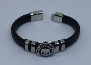 Pulsera Harley-Calavera Cuero Trenzado