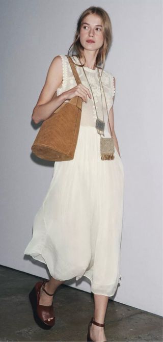 Vestido combinado bordados blanco y marrón Talla M