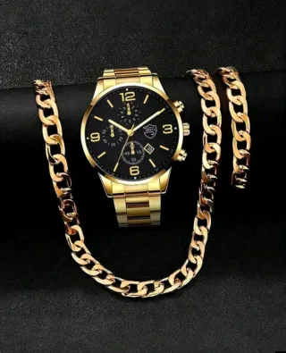 Reloj hombre Dorado y Negro con Cadena y pulsera
