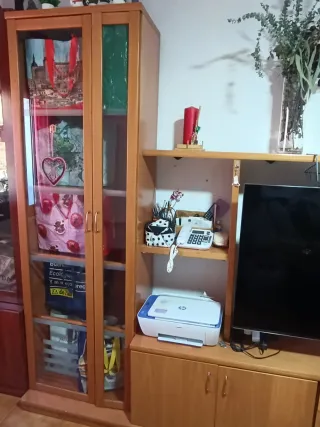 Mueble de salón madera natural + mesa y 5 sillas