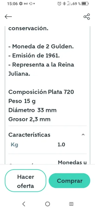 * Moneda 2 Gulden Plata 1961 Reina Juliana *