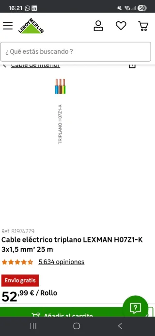 Cable eléctrico triplano LEXMAN H07Z1-K 3x1,5 mm²
