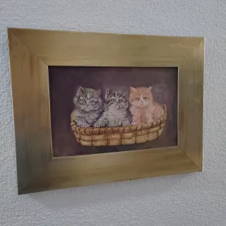 Cuadro de gatitos en cesta. Oleo