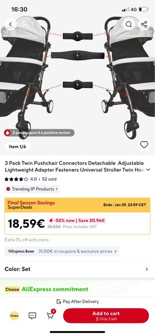 Adaptador para unir dos sillas de paseo