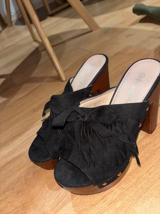 Botines Zuecos Plataforma Madera Negros