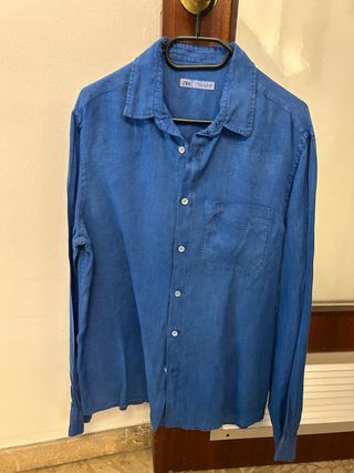 Camisa Lino Zara Manga Larga Azul