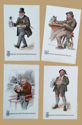 Set di 6 cartoline antiche sulla birra HB di Monaco e opuscolo sulle birre EL TURIA