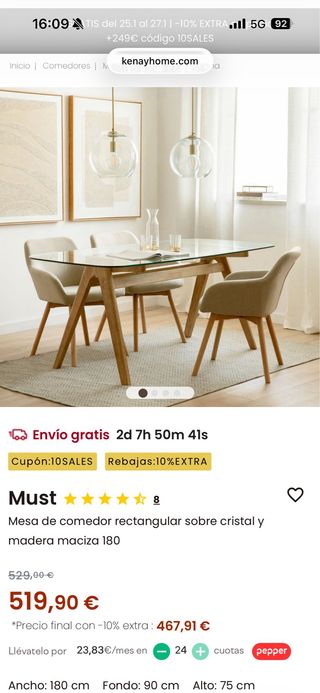 Mesa Comedor Kenay Cristal y Madera