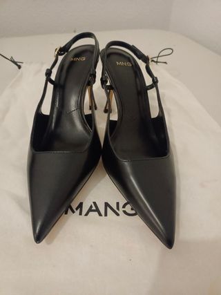 Sandalias Mango Piel Tacón Slingback Negras