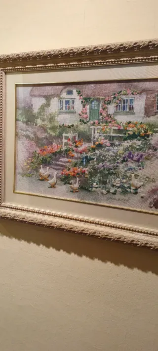 Cuadro punto de cruz paisaje casa y patos