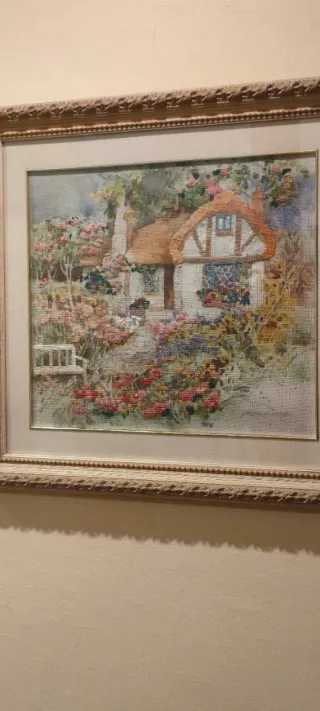 Cuadro punto de cruz paisaje casa y patos