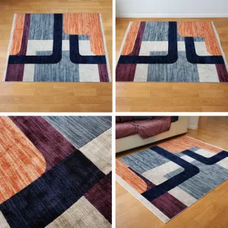 Alfombra moderna azul y naranja,beige y granate.