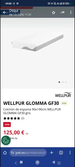 Colchón WELLPUR GLOMMA GF30 160x190cm