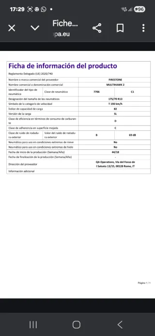 Neumático Firestone 175/70 R13 82T