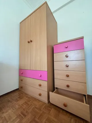 Conjunto Mobília Quarto Criança Madeira e Rosa