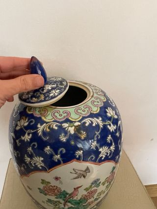 Jarrón Chino Cerámica Azul y Multicolor