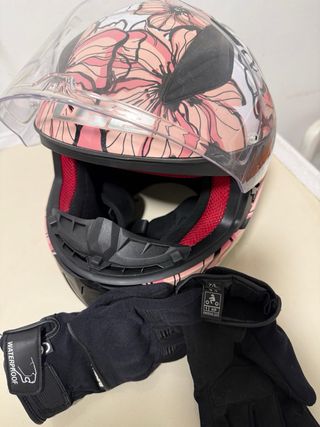 Casco Moto LS2 Rosa Flores + Guantes