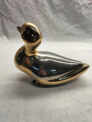 Estatueta Pato Cerâmica Prateado Dourado