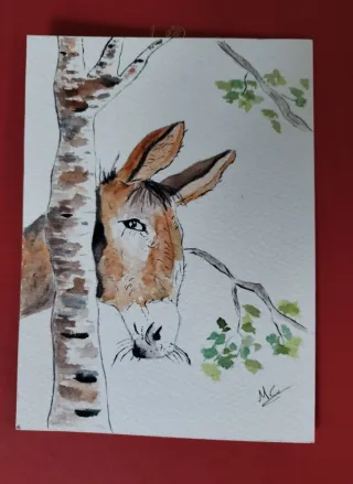 Postal acuarela burro y árbol