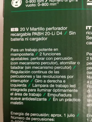 Martillo Taladro perforador parkside pack 20 v