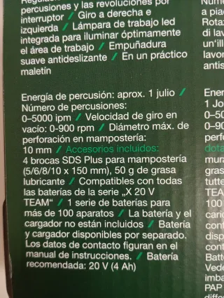 Martillo Taladro perforador parkside pack 20 v