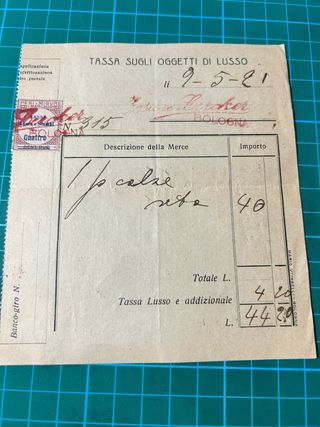 Bologna Recibo Tassa Sugli Oggetti di Lusso 1921