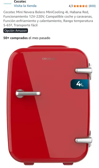 Mini Nevera Cecotec Bolero 4L Roja. En su caja.