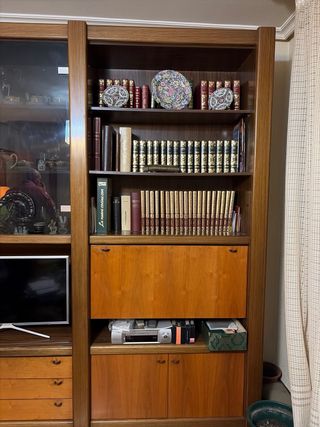Librería de salón madera y cristal, con minibar