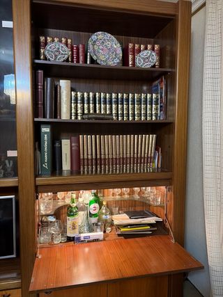 Librería de salón madera y cristal, con minibar