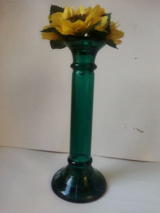 Candelabro Cristal Verde con Flores Amarillas
