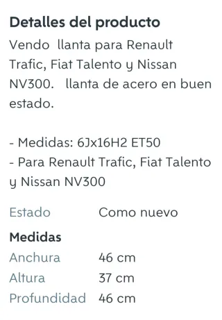 Llanta de acero para furgoneta Renault Fiat Nissan