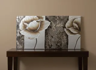 Lienzo Decorativo Flores Beige y Dorado